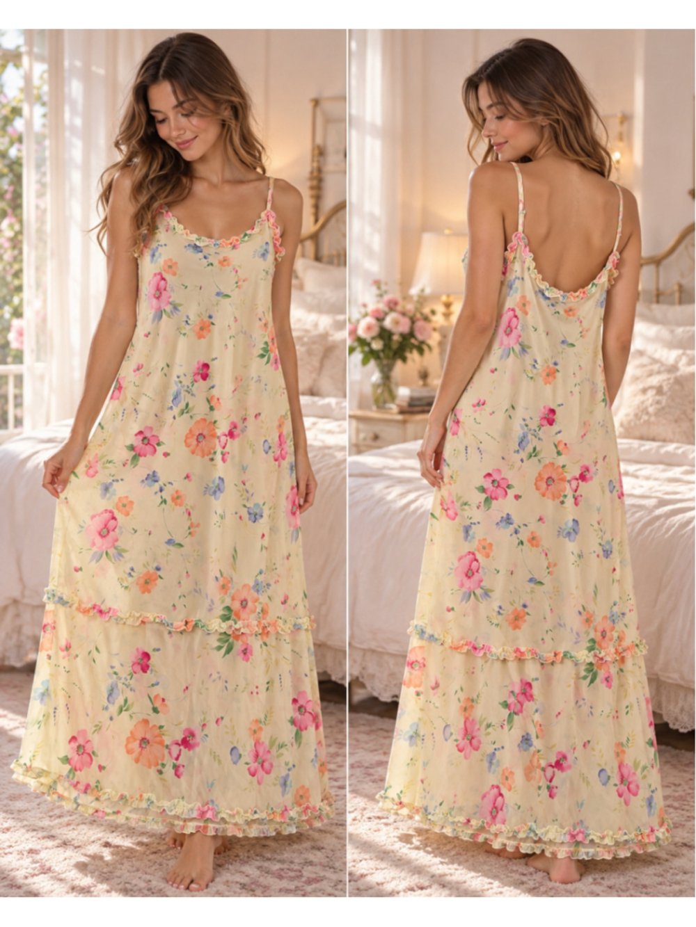 Vintage Y2K Victorias Secret Yellow Pink Floral Chiffon Maxi Dress Nightgown XS